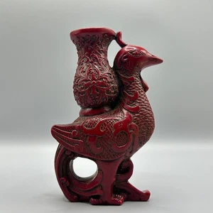 Hand-Carved Chinese Natural Red Coral Bird Pen Container - Picture 1 of 9