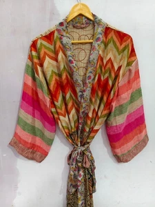 Silk Maternity Gown Bathrobe Sari Silk Kimono Multi Color Soft Robe , B-5349 - Picture 1 of 7