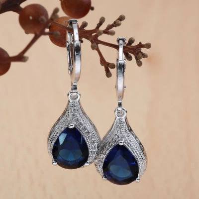 EPIC VAULT- Quartz Blue Sapphire Drop Hoop Earrings- 925 Silver Plated - Image 1 of 4