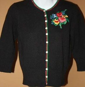 Lucky Brand Black Cardigan Sweater Pink Green Embroidered Flowers Wool Blend S - Picture 1 of 6