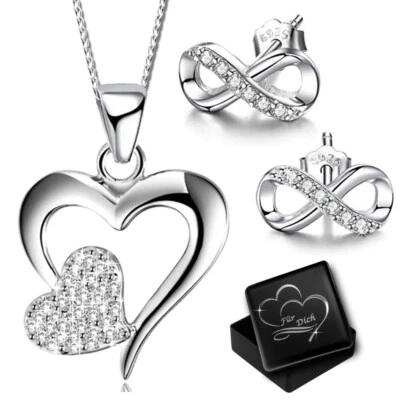 Schmuckset echt 925er Silber Ohrringe mit Halskette Herz Unendlichkeit für Damen - Bild 1 von 4