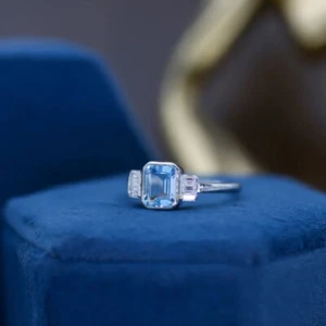 Emerald Cut Aquamarine Diamond 14K White Gold Finish Wedding Engagement Ring - Picture 1 of 8