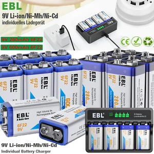 EBL 6F22 9 Volt Li-ion Battery Rechargeable Batteries + 9V Battery Charger LOT - Picture 1 of 57