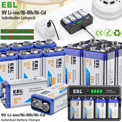 EBL 6F22 9 Volt Li-ion Battery Rechargeable Batteries + 9V Battery Charger LOT - Image 1 of 4