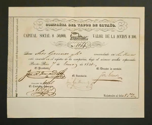 ANTIQUE SHARE / COMPANIA DEL VAPOR DE CATANO / PUERTO RICO 1853 VERY RARE - Picture 1 of 2