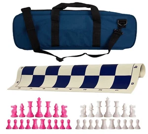 Navy Deluxe Single Weight Chess Set - Board, Bag w/ Pink & White Pieces - Picture 1 of 5