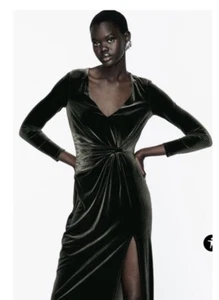 Zara Midi Dress Sz XS Velvet Holiday Sexy Deep V Party Velour Formal Elegant - Picture 1 of 16