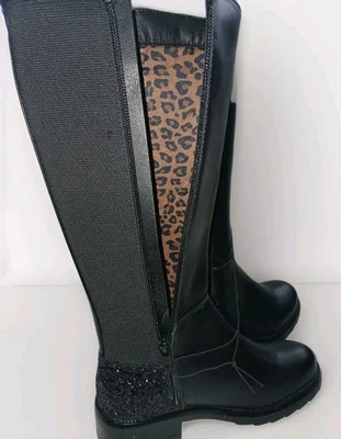 Girls Black Riding Boots • Zip Up • Glitter Heel • Cheetah Print Lining • Size 1 - Image 1 of 4
