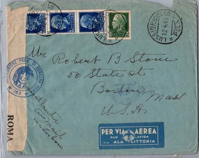 ITALY 1941 WWII POSTAL CENSORED AIRMAIL COVER MULT FRANKING ADDR USA & POSTMARK - Image 1 of 2