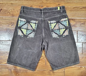 Vintage Y2K Blue Denim Embroidered Jean Shorts Sz 36 Brown Jorts BAGGY Skater - Picture 1 of 8