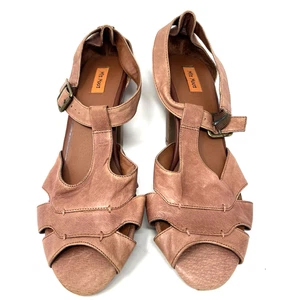 Miz Mooz T Strap Ruffle Pump Tan Leather Peep Toe Retro Style Womans 11 - Picture 1 of 7