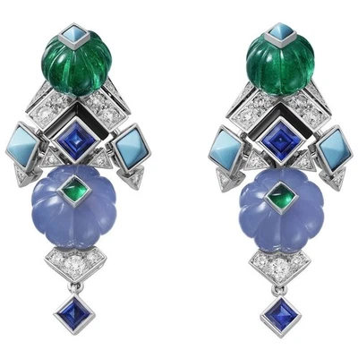 Designer Natural Sapphire Emerald Turquoise Flower Drop 925 Silver Earrings Gift - Image 1 of 4