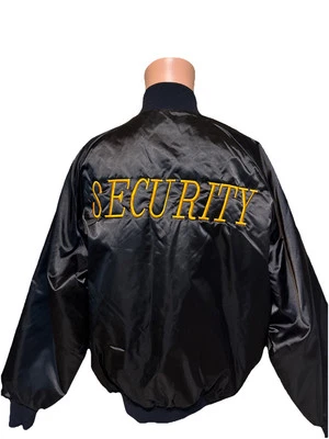 Винтажная атласная черная куртка охранника 80-х размер L вышитая для концертных мероприятий - Изображение 1 из 4
