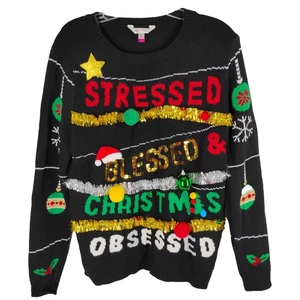 No Boundaries JRs Large 11/13 Ugly Christmas Sweater Stressed Blessed Obsessed - Bild 1 von 7