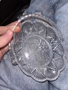 Vintage Glass Basket Handle Candy Dish Clear Bells Ribbon Flower Home Decor - Picture 1 of 2