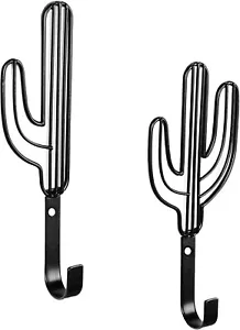 Versatile Charming Wall-Mounted Black Metal Cactus Shaped Coat Hooks, Set of 2 - Picture 1 of 5