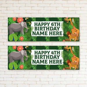 2 Personalised Birthday Banner Children Jungle Animal Party Decoration Poster - Picture 1 of 3