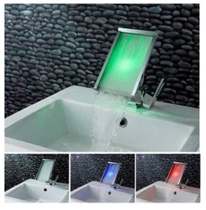 Deck Mount Single Hole Bathroom LED Waterfall Wide Spout Mixer Faucet Chrome Tap - Bild 1 von 12