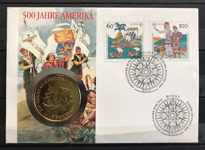 Bundespost 500 Year of  America - Coin - Queen Elizabeth - FDC - CB2 - Image 1 of 2