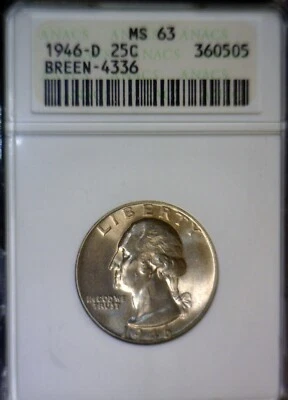 1946d/s ANACS MS63 OMM 1 Washington Quarter Silver ERROR Over Mint Mk CH BU Coin - Image 1 of 4