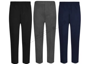 BOYS SLIM FIT SCHOOL PULL UP TROUSERS ELASTICATED BACK GREY BLACK NAVY 1Y-16Y - Picture 1 of 8