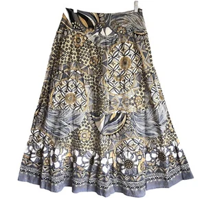 Angie Size L Boho Gray Yellow Gold Printed Maxi A-line Skirt Lined - Picture 1 of 12