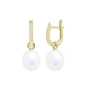 Genuine 9-10mm Teardrop Cultured Pearl Huggie Drop Earrings - 9ct Yellow Gold - Picture 1 of 1