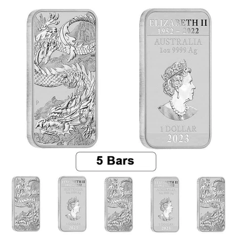 Lot of 5 - 2023 1 oz Silver Australian Dragon Coin Bar $1 BU Cover
