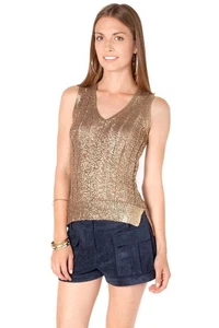 BCBG MAX AZRIA Gibbs Chaleco Suéter Sin Mangas Dorado Metálico Tejido Cuello en V Tanque S - Imagen 1 de 13
