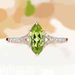3.70carat Marquise Natural Peridot & Diamond Ring Real 100% 14k SOLID Rose Gold - Picture 1 of 11
