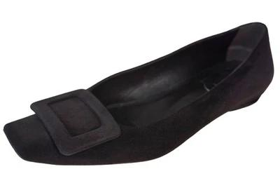 ROGER VIVIER 37.5 Belle Black Suede Square Toe Ballerina Flats Low Heels - Image 1 of 4