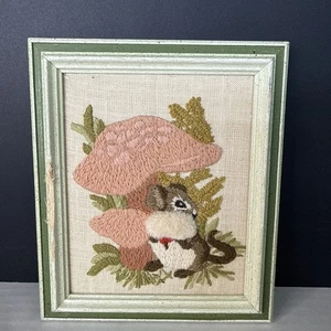 Columbia Minerva Crewel Mouse With Mushroom Completed Vintage 1977 Embroidered - Picture 1 of 13