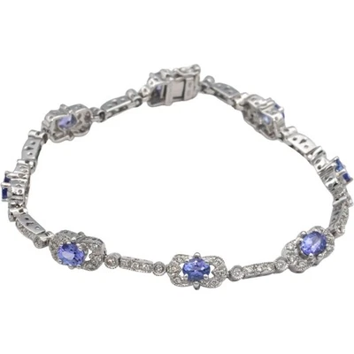 18k White Gold Round Diamond and Oval Tanzanite Fancy Link Bracelet 3.49CT - Image 1 of 4