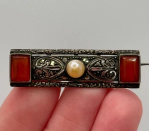 Vintage Theodor Fahrner Art Deco 935 Sterling Silver Carnelian Marcasite Brooch - Picture 1 of 9