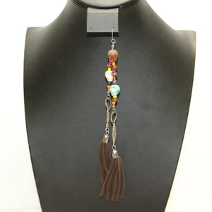 Fringe Leather Tassel Teal White Brown Triple (3) Skull Dangle Earring SINGLE - Picture 1 of 4