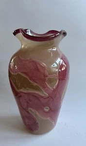 Vintage 1999 Art Glass Vase Hand Blown Abstract Signed Red Pink Tan Cranberry - Picture 1 of 23
