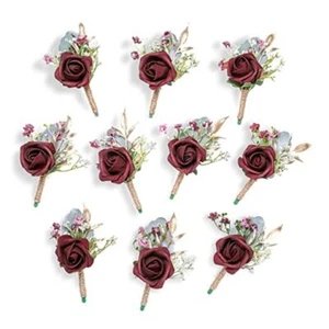 Rose Boutonnieres for Men Wedding Groom and Groomsmen Boutonniere 10 Burgundy - Picture 1 of 8