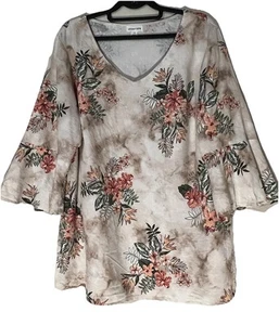 Chloe & Rene Floral Linen Spring Top Sz 1X Flutter Sleeves V-Neck Boho Vacation - Picture 1 of 18