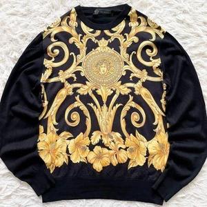 VERSACE Recent Model 100% Silk Sweater Medusa crew neck Black Gold Men's Size S - Picture 1 of 8