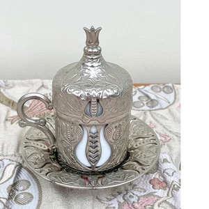 Turkish Coffee Cup with Lid and Saucer - Tulip Motif, Coffee Lover Gift 🎁 - Picture 1 of 13