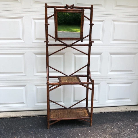 Vintage Hall Tree Wood Faux Rattan Mirror Hat Hooks Wicker Shelves 68 x 26 x 12 Cover