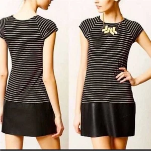 NWT Anthropologie Bailey 44 Striped Shift Dress Faux Leather Jersey Black Tan S - Picture 1 of 8