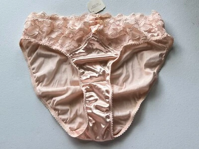 VTG VICTORIAS SECRET SILKY SATIN PEACH Hi Leg Brief PANTY GOLD LABEL L NWT - Image 1 of 4
