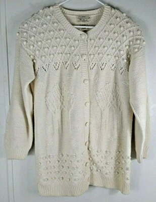 Womens Vintage Yarnworks Cardigan Sweater Handknit Ivory Pompoms Cottagecore L - Image 1 of 4