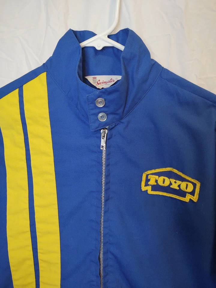 Chaqueta Camisa Swingster TOYO Neumáticos Vintage Grande Años 70 Azul Amarillo Rayas Carreras Foto 1 de 4