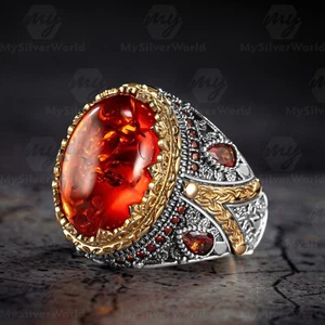 925 Sterling Silver Oval Baltic Amber Stone Men's Ring - Picture 1 of 5