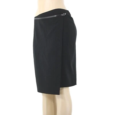 'S MaxMara Sz 6 Black Leather Trim Faux Wrap Triacetate Lined Polyester Skirt - Image 1 of 4