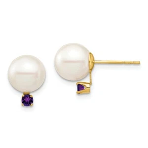 14 Karat Gelbgold 8-8,5 mm weiße runde Süßwasserzuchtperlen Amethyst Ohrstecker - Bild 1 von 1