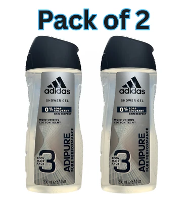 Adidas Adipure 3-in-1 Shower Gel Men 250ml x2, Body Hair Face Wash, Soap-Free - Image 1 of 4