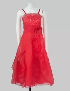 Abendkleid Ballkleid Chiffon mit Strass Volant Blumenapplikation rot Gr. 32 - Bild 1 von 2